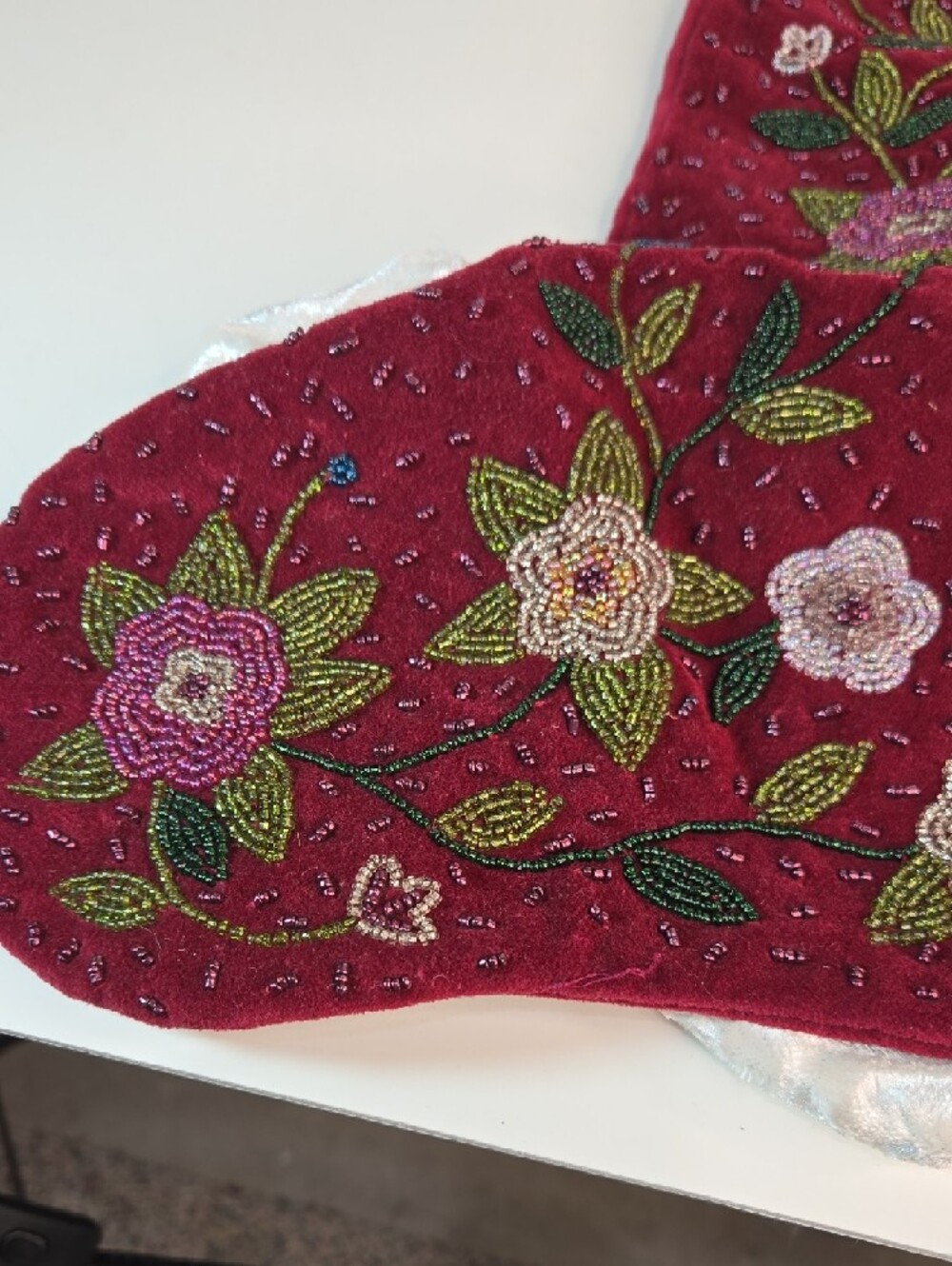 Christmas Stockings Set Glam Burgundy Green Beaded & White Fuzzy Sparkly Large - Picture 6 of 12